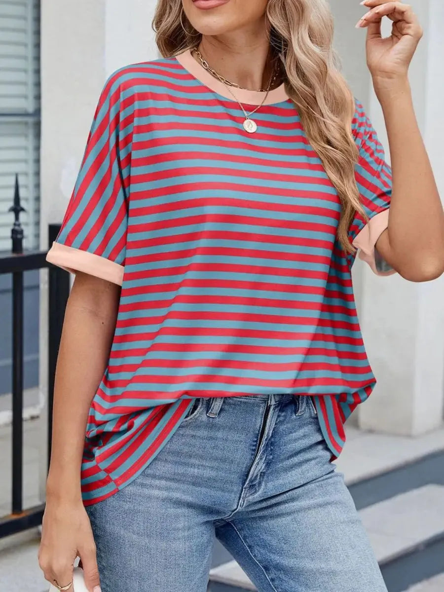 Stylish Striped Round Neck Half Sleeve T-Shirt for Women - Love Salve